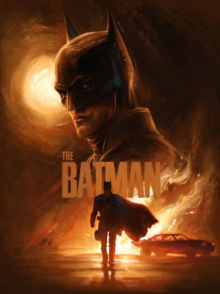 the batman movie poster is shown with a man standing in front of a batmobile