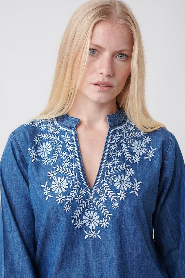 Introducing our hot and stylish Long Sleeves milano Shirt, the perfect addition to any wardrobe for those who appreciate fashion and unique design. Crafted from a very light blue jeans denim fabric, this shirt is both comfortable and fashionable. The highlight of this shirt is the beautiful and intricate white hand-made special edition embroidery featured on the V-neck, sleeves, and back. This unique and eye-catching design is one-of-a-kind, and is sure to make you stand out from the crowd. Desi Embroidery Yoke Design, Trendy Spring Denim Shirt, Trendy Denim Shirt For Spring, Spring Medium Wash Denim Shirt, Light Blue Long Sleeve Cotton Denim Top, Summer Chambray Denim Shirt, Summer Medium Wash Denim Shirt, Light Indigo Long Sleeve Shirt For Spring, Light Indigo Long Sleeve Chambray Denim Top