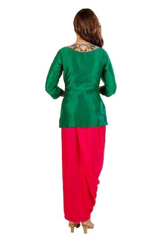 Green short kurta featuring thread, sequin, zardozi and tassel hand embroidery on the yoke and neckline. Paired with a solid draped hot pink dhoti. - Aza Fashions Fitted Kurta With Dori Work For Puja, Traditional Sets With Unstitched Blouse And Straight Kurta, Traditional Set With Unstitched Blouse And Straight Kurta, Fitted Blouse Piece For Navratri, Fitted Salwar Kameez With Unstitched Blouse And Straight Kurta, Unstitched Blouse Kurta For Puja, Traditional Drape Kurta For Puja With Unstitched Blouse, Traditional Salwar Kameez With Unstitched Blouse, Fitted Salwar Kameez For Puja With Traditional Drape