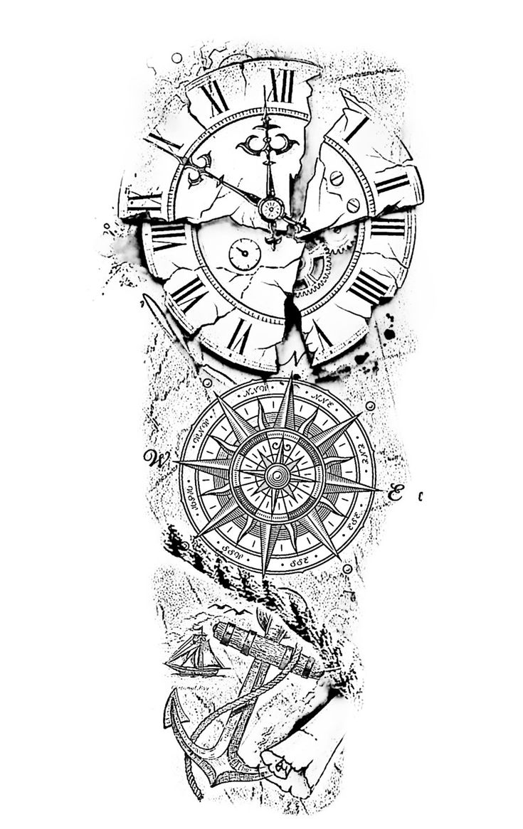 an ink drawing of a clock with different designs on it's face and hands