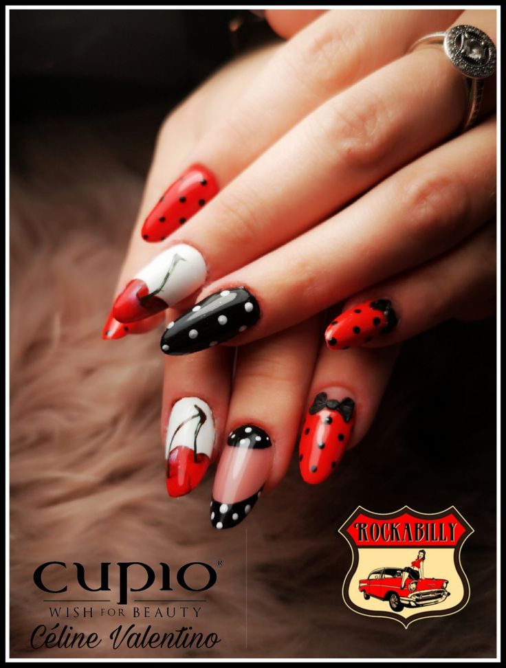 Rockabilly Nail Art, Rockabilly Nails Designs, Vintage Nails Design Retro, 50s Nails, Pinup Nails, Nails Rouge, Elegant Manicure Designs, Glam Make Up Looks, Pin Up Nails