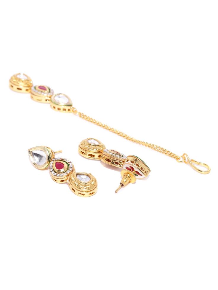 This handcrafted jewelry set consists of a necklace, a maang tikka and a pair of matching drop earrings. The necklace has a maroon color-theme with green accents, comes with kundan stone studs, is gold-plated, and secured with an adjustable drawstring closure. A matching maang tikka comes with kundan stone studs, is gold-plated, and can be secured with a hook closure. A pair of matching drop earrings come with kundan stone studs, are gold-plated, and are secured with a post and back closure. The Maang Tikka, Studded Necklace, Stone Studs, Color Theme, Green Accents, Maroon Color, Color Themes, Pandora Charm Bracelet, Handcrafted Jewelry