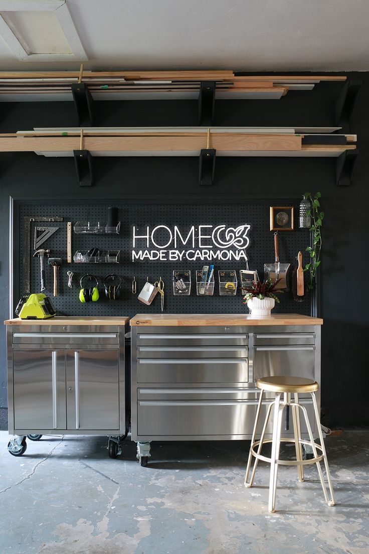 an industrial kitchen with stainless steel cabinets and bar stools in front of the counter