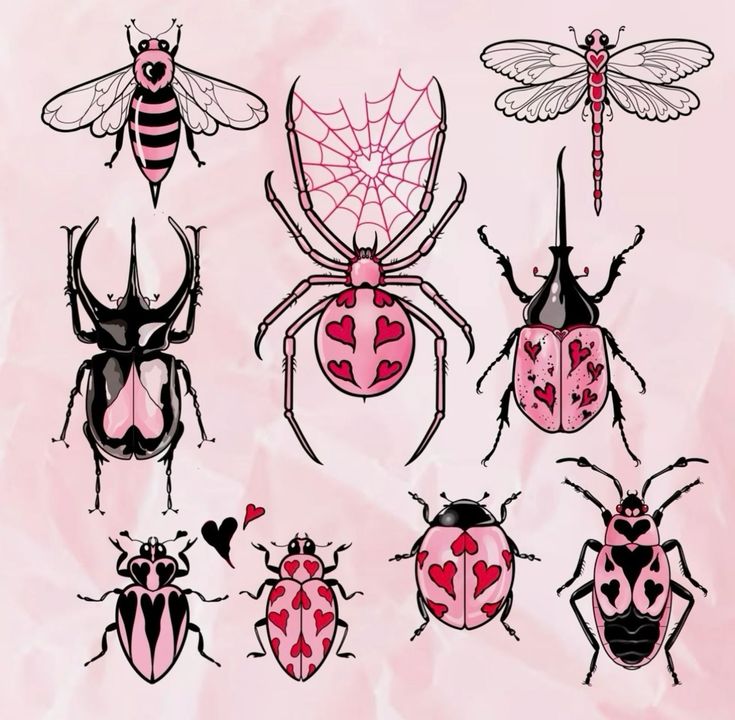 six different types of bugs with hearts on their backs and wings, all in black and pink