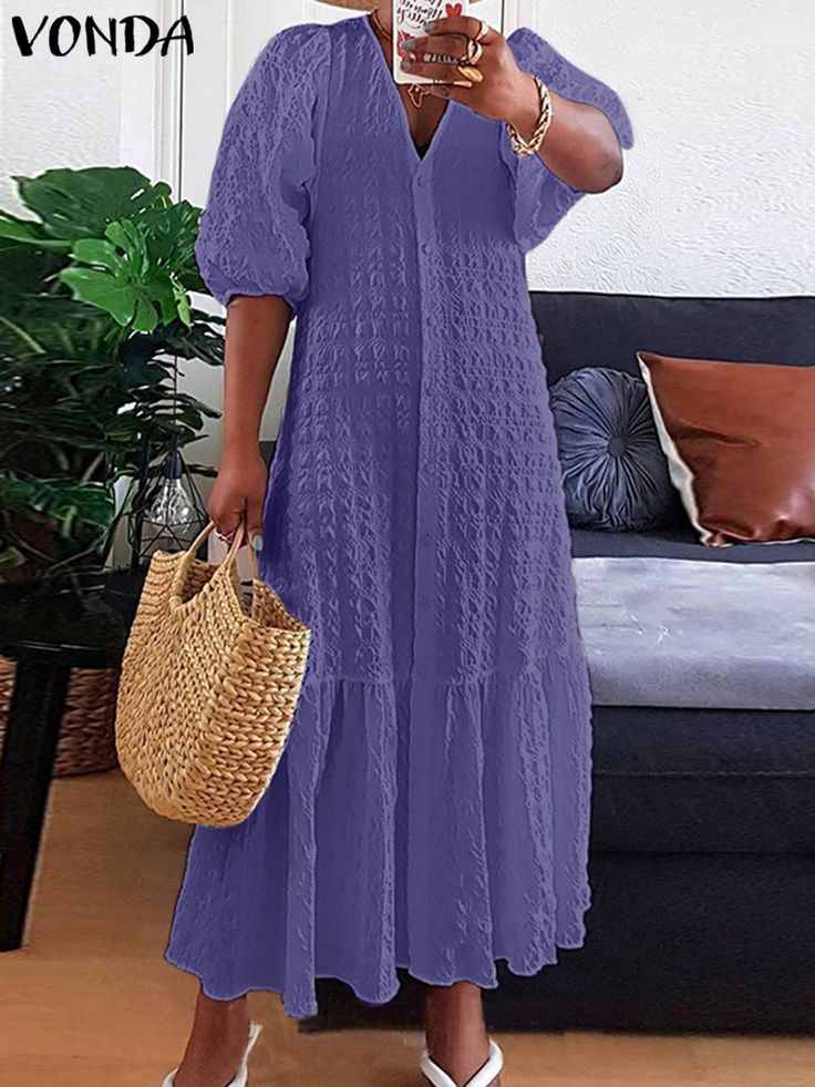 Vonda Women Summer Dress Sexy V Neck Button Long Shirt Half Sleeve Holiday Party Pleated Maxi Robe Casual Bohemian Vestidos Summer Party Maxi Dress With Button-up Front, Summer Party Maxi Dress With Button-up Design, Summer Party Button-up Maxi Dress, Button-up Maxi Dress For Summer Parties, Casual Button-up Maxi Dress For Party, Summer Party Maxi Dress With Button Closure, V-neck Maxi Dress With Button Closure For Party, Summer Party Maxi Dress With Buttons, Elegant V-neck Maxi Dress With Buttons For Party