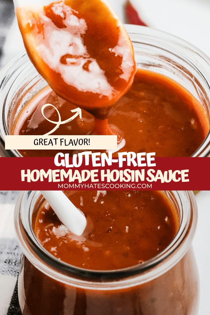 a spoon full of homemade hoisie sauce with the title text overlay reads great flavy gluten - free