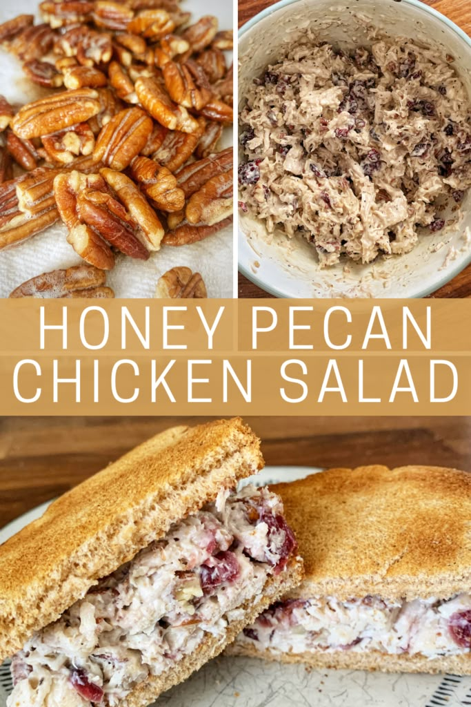 honey pecan chicken salad with cranberries and pecans in the background is collage