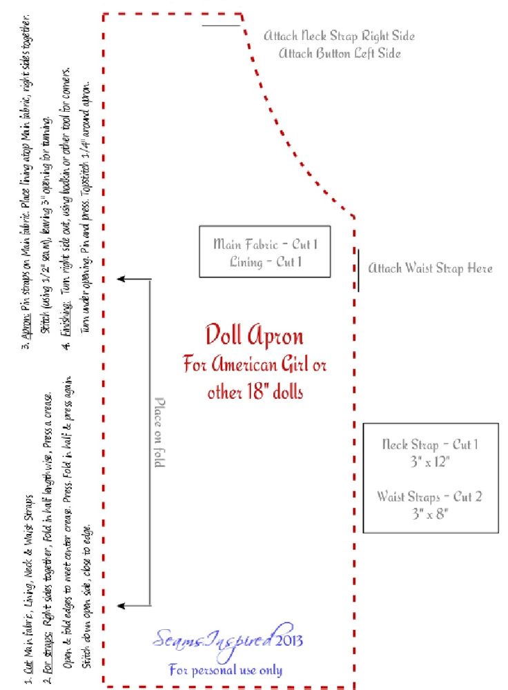 the pattern for doll aprons is shown in red and white, with instructions to make it