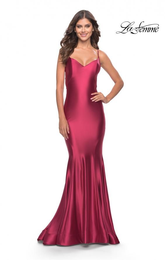 La Femme 31295 Mermaid liquid jersey dress with V neckline and open lace up back. Lycra Gown, Jersey Prom Dress, Plastic Dress, Prom Dress Stores, Prom Dress Styles, Prom Designs, Designer Prom Dresses, Perfect Prom Dress, Prom Girl