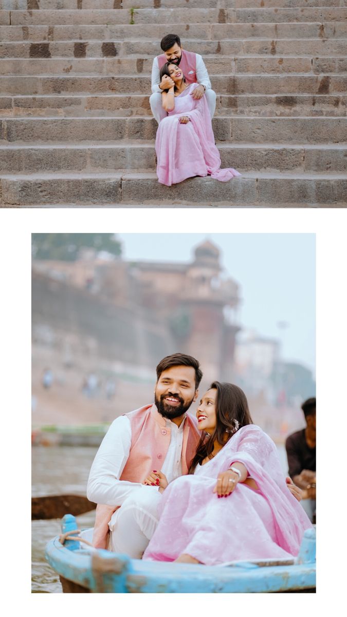 a couple sitting on the steps in front of some stairs with their arms around each other