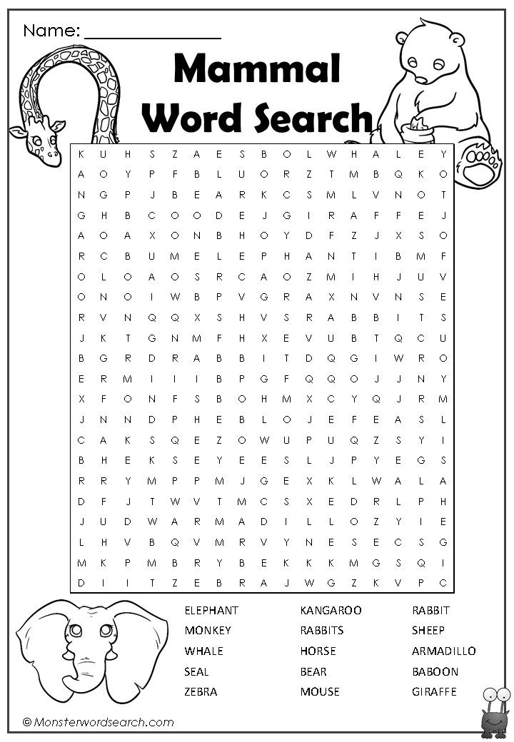 a printable word search page for the mamal word search, with an elephant and monkey on it