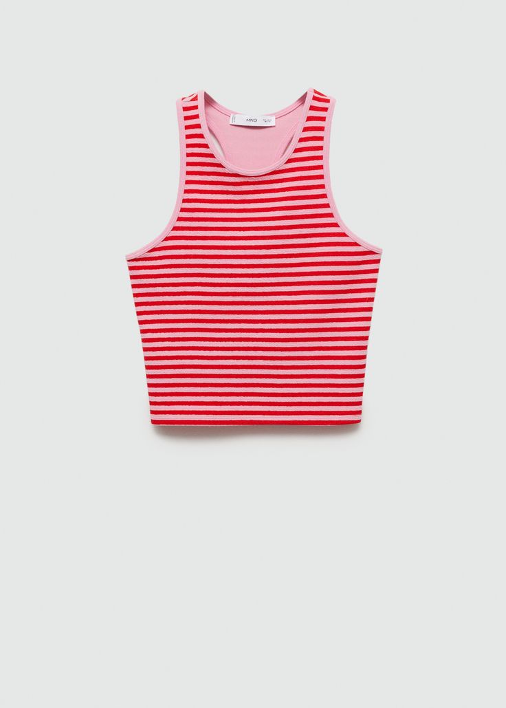 Striped knit top - Woman | MANGO USA Summer Casual Jacquard Knit Tops, Casual Jacquard Knit Tops For Summer, Casual Jacquard Knit Sleeveless Top, Seamless Sleeveless Cotton Knit Top, Casual Jacquard Knit Top, Casual Striped Sleeveless Knit Top, Casual Red Knit Tank Top, Red Knit Top For Summer, Tailored Dress