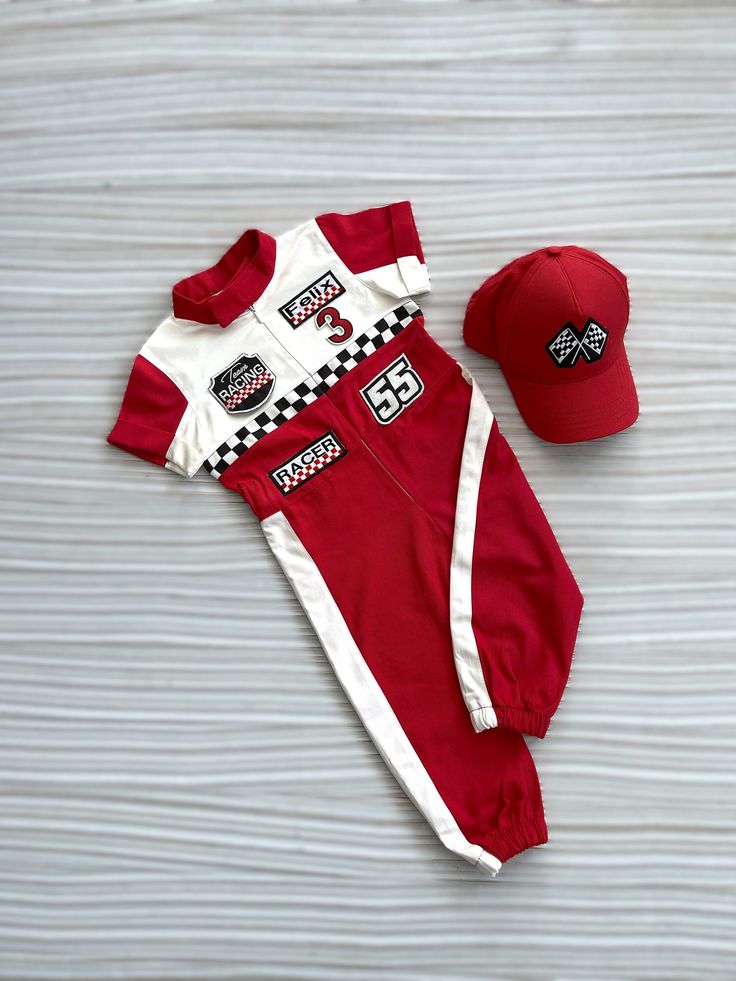 ⭐⭐Personalized Fast Red Racer ShortSleeve Jumpsuit*Toddler Racer Kids Suit*1st Fast One Birthday Speed Suit*Baby Birthday Outfit*Car Costume 👶🏻 100% COTTON is used. It is suitable for children. 👶🏻The dye used in the costume is ORGANIC DYE ⭐⭐The FULLSET option includes ✅Costume with 4 patches ✅Backname and Frontname ✅Back number ✅Has(Red/White/Black/Checkered option) PATCHES: 🚗 If your concept is a different theme, you can contact me for patches. If you have a special logo for your company, we can have it custom made. 📌 You can combine your child's costume with 4 different hats. Checkered, white, black and red hat. 📏SIZE 0-6 years . You can write me about the size. Please let us know your child's weight, age and height. ⭐ If you want the product to reach you sooner, please contact us Ferrari First Birthday, I Won My First Race Onesie, Baby Motorcycle Costume, Red Summer Birthday Sets, Two Year Old Boy Halloween Costume, Fitted Red Playwear Sets, Playful Red Onesie For Playwear, Red Cotton Jumpsuit For Playtime, Red Cotton Short Sleeve Bodysuit