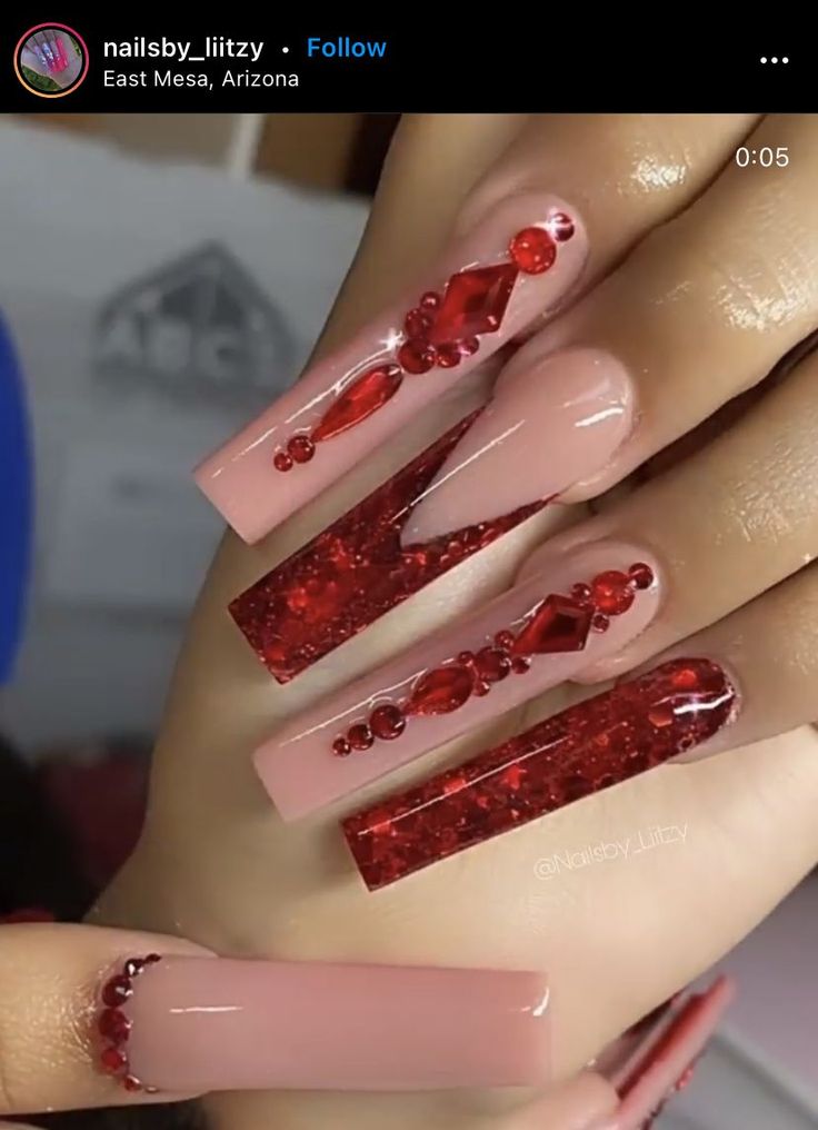 Red Tapered Square Nails, Red Exotic Nails, Red Diamond Nails, Long Red Acrylic Nails, Red Nails Ideas Coffin, Red Quince Nails, Red Prom Nails Acrylic, Long Nails With Gems, Quince Nails Short