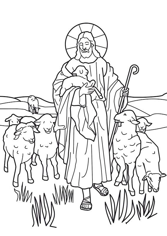 the good shepherd with his flock of sheep coloring page