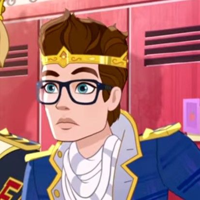 an animated image of a man with glasses and a crown on his head, standing in front of lockers