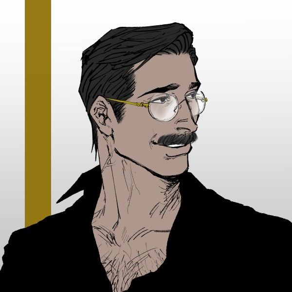 a drawing of a man with glasses and a moustache on his face is shown