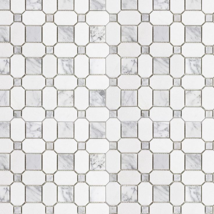 a white marble mosaic tile pattern with grey and white squares on the bottom, in an irregular design