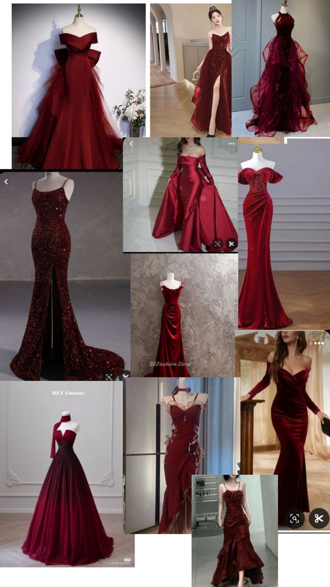 red evening gowns and dresses on display