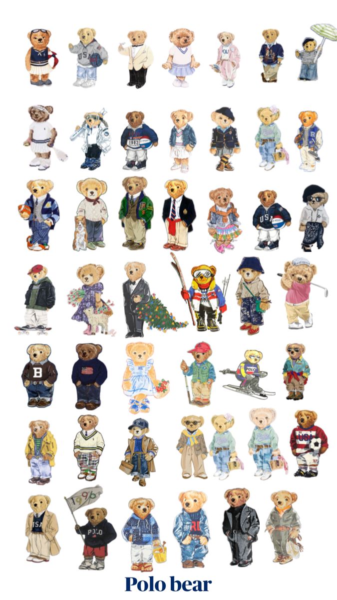 a bunch of teddy bears that are all dressed up in different outfits and colors, with the words polo bear on them