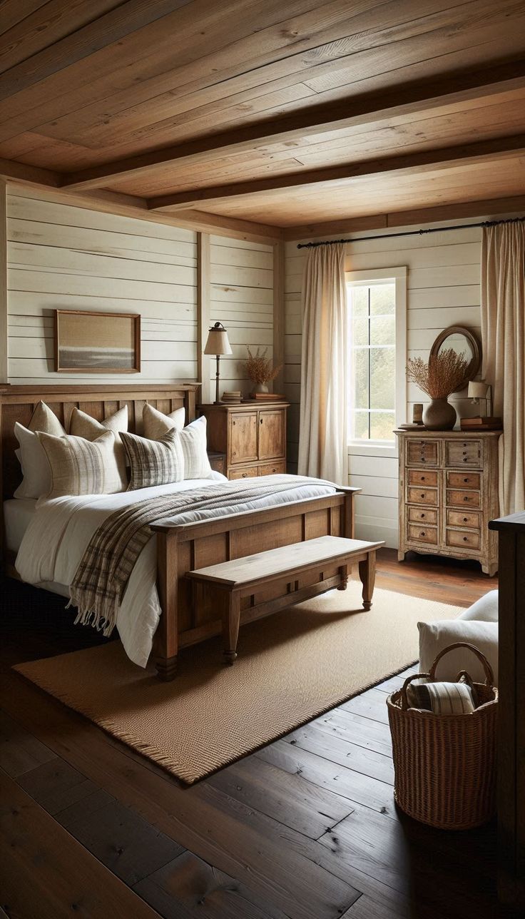 a bed sitting in a bedroom next to a wooden dresser and window on top of a hard wood floor