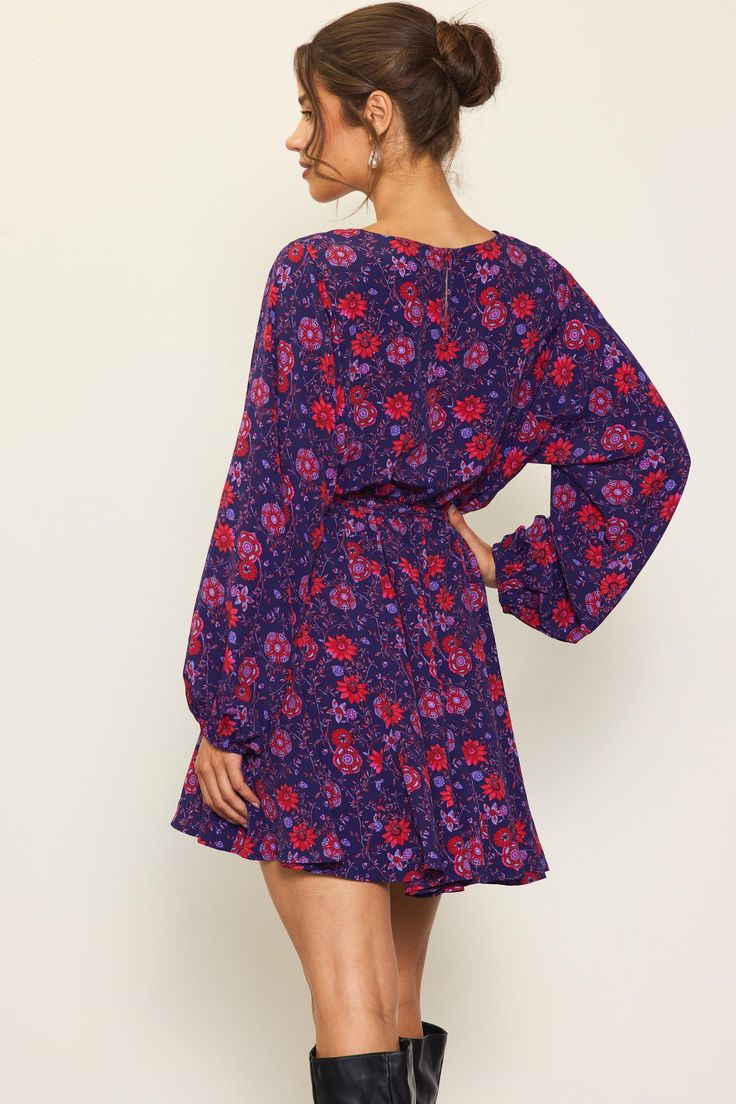 82% Acrylic, 10% Nylon, 8% Polyester Lined Long Sleeve Midi Dress For Spring, Long Sleeve Lined Midi Dress For Spring, Chic Purple Floral Dress, Flowy Purple Mini Dress For Fall, Long Sleeve Lined Dress, Long Sleeve Midi Dress For Casual Wear, Casual Long Sleeve Floral Dress For Dress Down Occasions, Dress Down Long Sleeve Lined Midi Dress, Purple Mini Dress For Fall