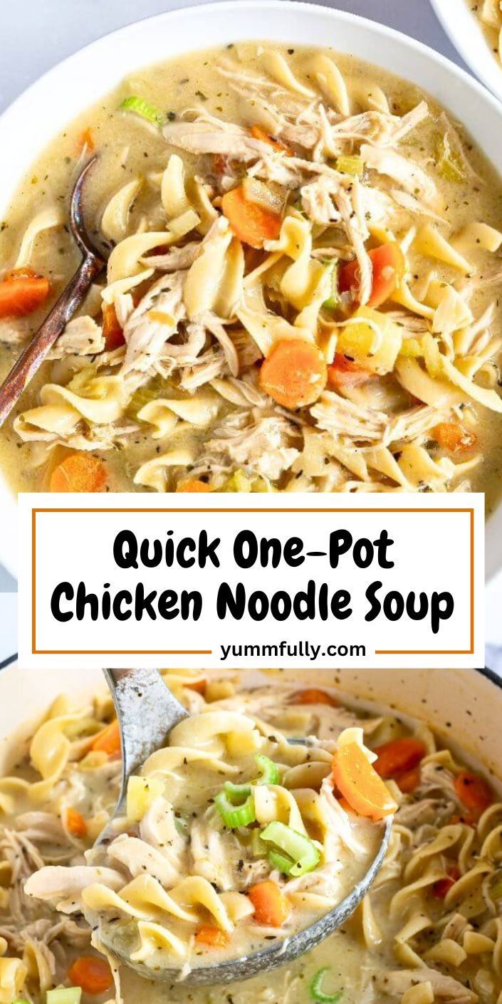 chicken noodle soup in a white bowl with a ladle full of it and the title overlay reads quick one - pot chicken noodle soup