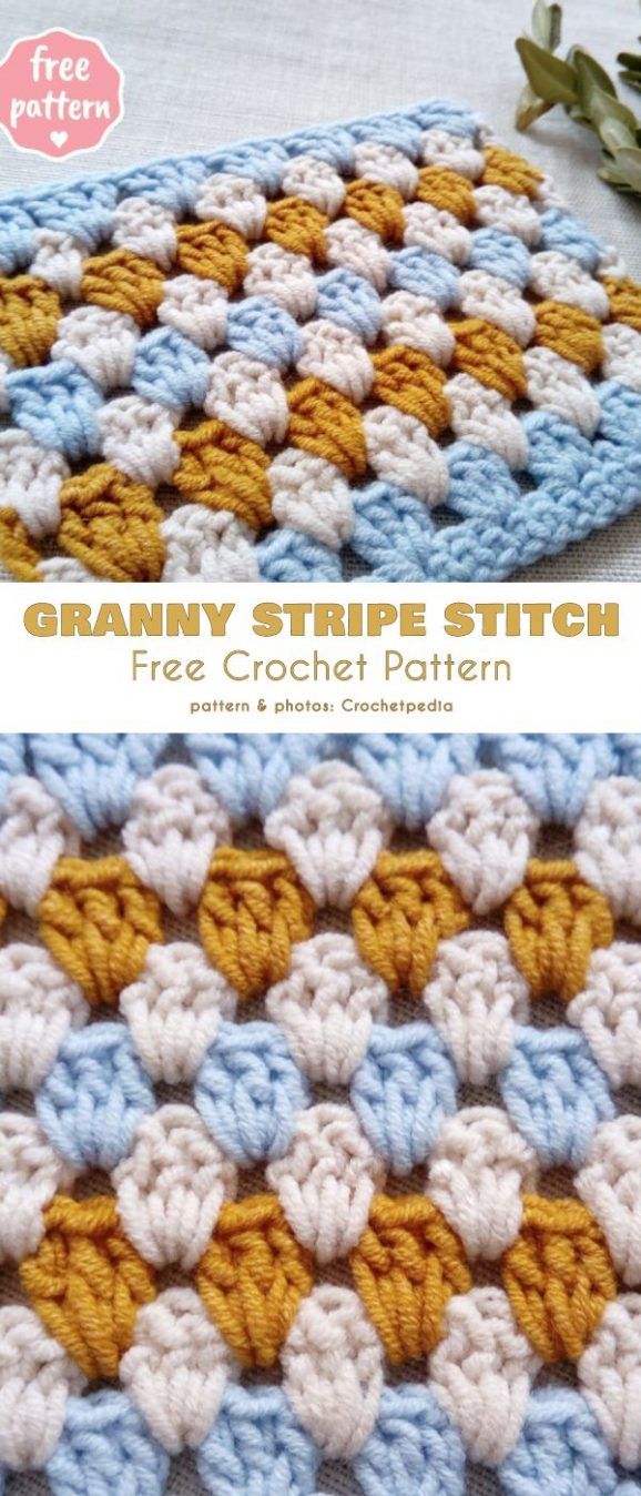 the granny stripe stitch crochet pattern is shown in two different colors