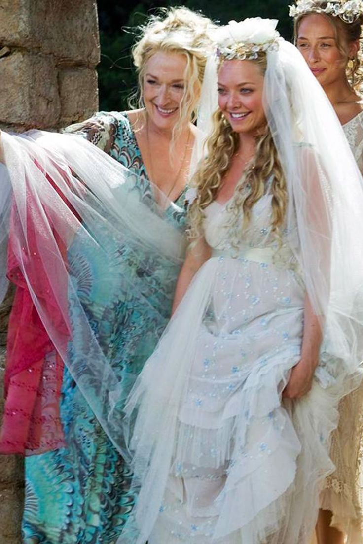 three women in wedding dresses are walking together