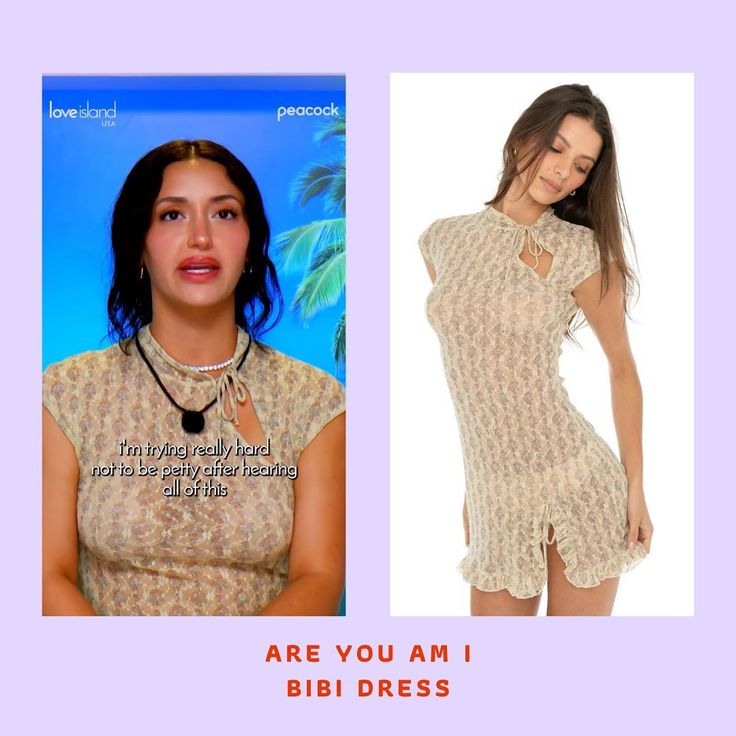 a woman wearing a dress and necklace in front of a poster with the words are you am i bibi dress?