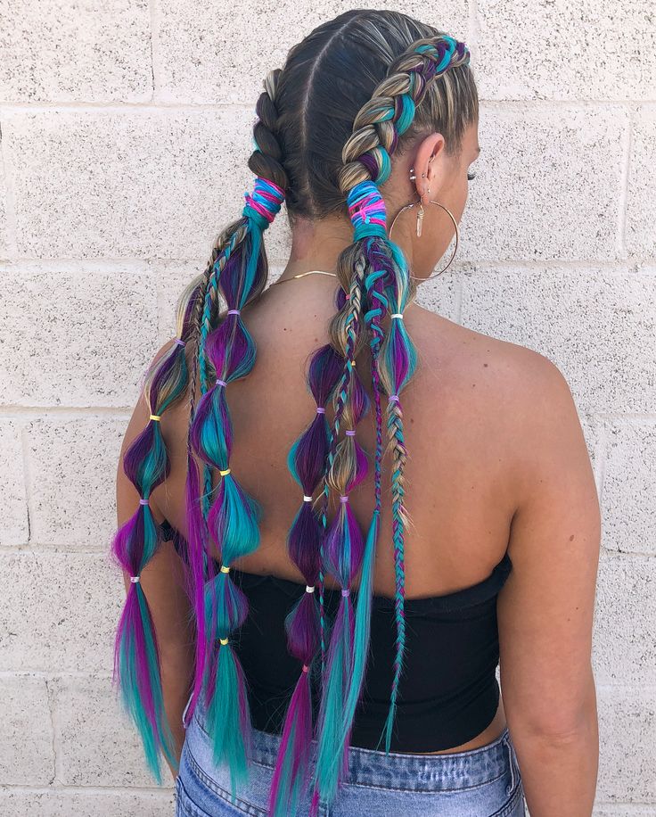 Get Braidified™️ on Instagram: “More from the EDC chronicles...... . . Braid babe @lishdawg and her custom colored fireball braids using our teal and magenta ombre…” Festival Hair Braids, Rave Hairstyles, Hairstyle Braided, Long Braided Hairstyles, Festival Braids, Dutch Braid Hairstyles, Rave Hair, Fest Outfits, Beautiful Hairstyle