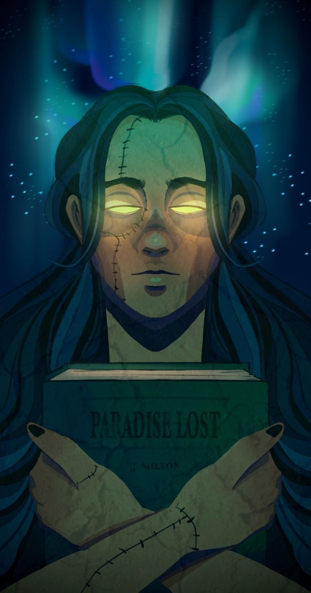 an illustration of a woman holding a book in her hands with the words paradise lost on it