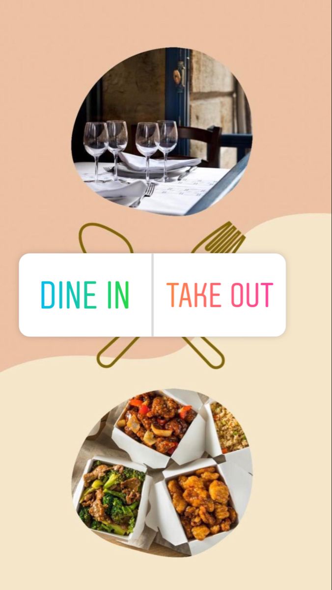 an image of a table setting with wine glasses and plates on it, next to a sign that says dine in take out