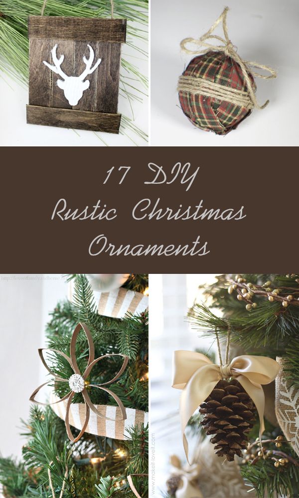 rustic christmas ornaments are hanging on the tree