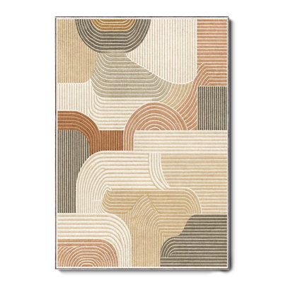 an abstract rug with wavy shapes in beige, brown and tan colors on a white background