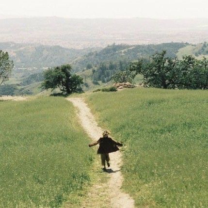 a person walking down a dirt road in the middle of a field