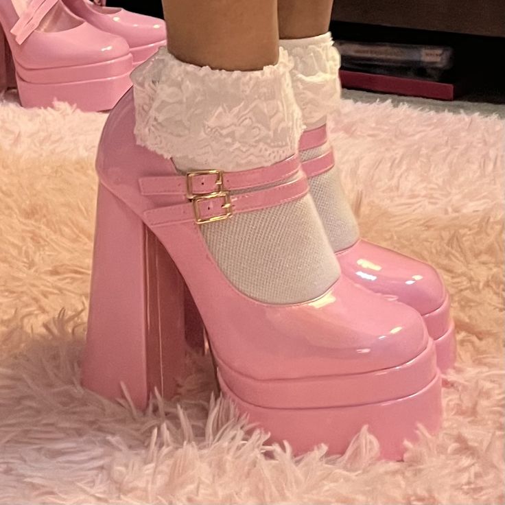 pink platform mary jane heels with cute lace socks. Pink Platform Heels, Dr Shoes, Cute Shoes Heels, Pink Platforms, Kawaii Shoes, Platform Mary Janes, Fancy Shoes, Cute Heels, Girly Shoes