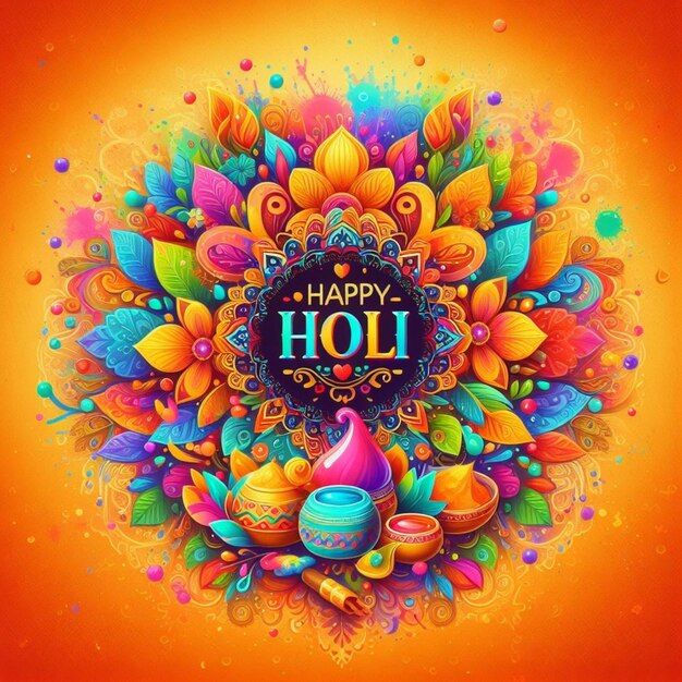 happy holi with colorful flowers and decorations on an orange background, surrounded by confetti