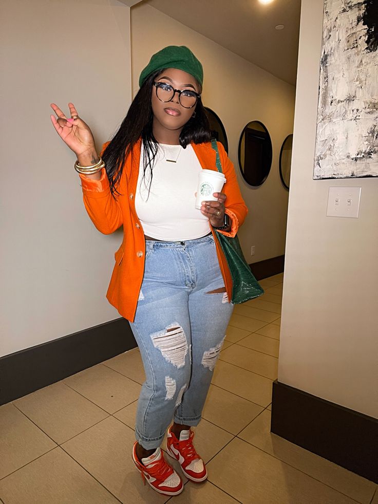 Plus Size Bowling Outfit, Plus Size Fashion With Sneakers, Orange Jordan 1 Outfit Women, Orange Fall Outfits Black Women, Hot Fall Outfits Weather, Fall Curvy Outfits, Orange Blazer Outfits, Plus Size Baddie Outfits, Orange Blazer