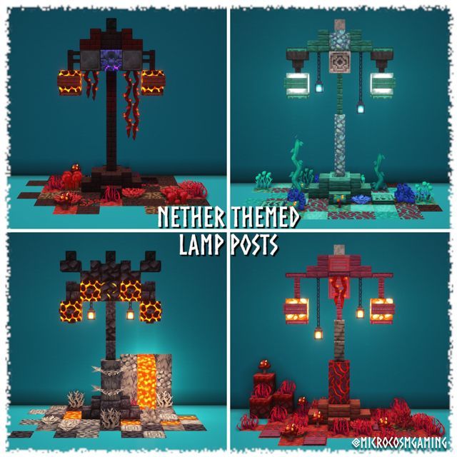 four different images of a lamp post made out of lego blocks with text reading nether theed lamp posts