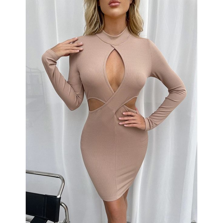 Pink High Collar Hollow Out Long Sleeve Dress Elegant Long Sleeve Mini Dress With Cutout, Spring Open Front Fitted Mini Dress, Spring Mini Dress With Open Front And Fitted Style, Elegant Fall Dresses With Cutout, Casual Long Sleeve Dresses With Cutout, Spring Long Sleeve Bodycon Dress With Cutout, Long Sleeve Cutout Bodycon Dress For Spring, Spring Long Sleeve Cutout Bodycon Dress, Elegant Beige Dress With Cutout Details