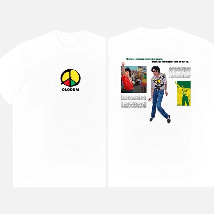 Michael Jackson x Olodum logo graphic tee. Back design features photos of Michael during the filming of the 'They Don't Care About Us' short film in Brazil, as well as song lyrics and a quote from Michael about the song from 1995. A heavyweight cotton t-shirt. Durable, staple product with a classic fit and a relaxed style made for everyday and casual wear. * 100% cotton * Seamless double-needle collar * Double-needle sleeve and bottom hems * Taped neck and shoulders for durability   All exclusively designed by me, unless stated. Be sure to contact me if you have any questions! Thank you, Charlie Pop Culture T-shirt With Front And Back Print, Pop Culture Short Sleeve T-shirt With Logo, Pop Culture T-shirt With Front Print For Streetwear, Pop Culture Front Print T-shirt For Streetwear, Graphic Tee With Front And Back Print For Fans, 90s Graphic T-shirt For Streetwear, Pop Culture Short Sleeve T-shirt With Front Print, Pop Culture Front Print Short Sleeve T-shirt, 90s Graphic Print Short Sleeve T-shirt