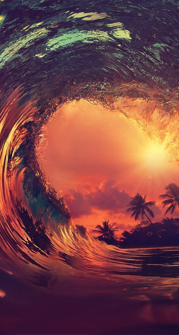 an ocean wave with palm trees in the background and sun going down behind it at sunset