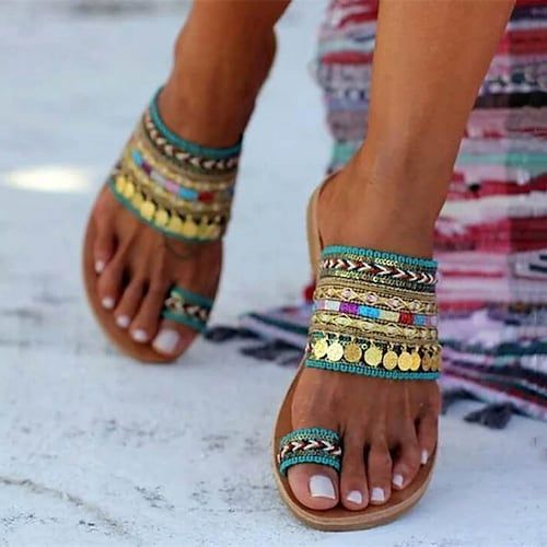 Category:Sandals; Embellishment:Sequin; Season:Summer; Heel Type:Flat Heel; Gender:Women's; Toe Shape:Open Toe; Style:Casual; Heel Height(inch):<1; Occasion:Beach,Daily; Closure Type:Loafer; Shipping Weight:0.254; 2022 Trends:Boho Bohemia Beach,Outdoor Slippers,Flat Sandals; Foot Length:; Size chart date source:Provided by Supplier. Streetwear Fashion Shoes, Style Hippie Chic, Sequin Flats, Bohemian Sandals, Orthopedic Sandals, Boho Mode, Summer Sandals Flat, Denim Sandals, Toe Ring Sandals