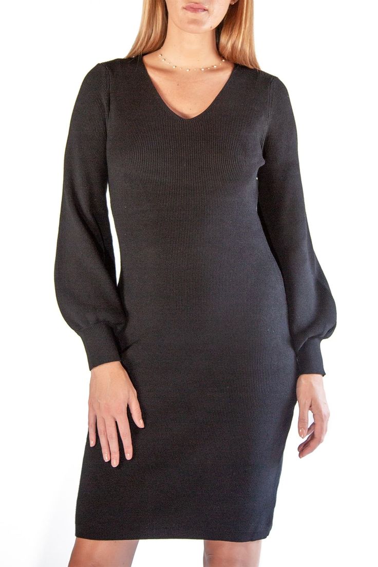 Dramatic balloon sleeves frame this modern sweater dress that is sure to get compliments wherever you go!. V-neck. Long balloon sleeves. Slips on over head. Knit construction. Short length. Approx. 38" length (size S). Imported Wide Leg Pants Outfit Work, Modern Sweater, Long Sleeve Babydoll Dress, Balloon Sleeve Sweater, Knit Wrap Dress, Funnel Neck Sweater, Balloon Sleeve Dress, Daytime Dresses, Ribbed Knit Sweater