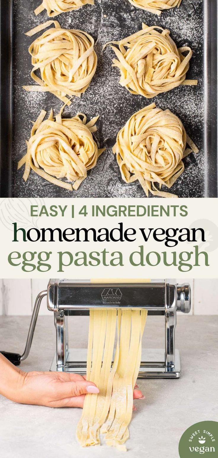 homemade vegan egg pasta is being made in an oven with the words easy 4 ingredients