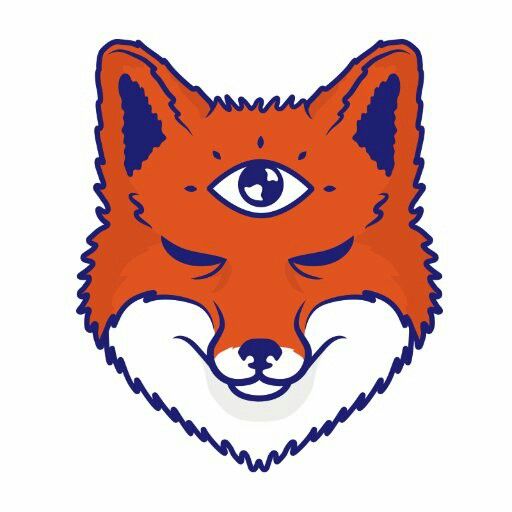 an orange fox's face with blue eyes and a white tail, on a white background