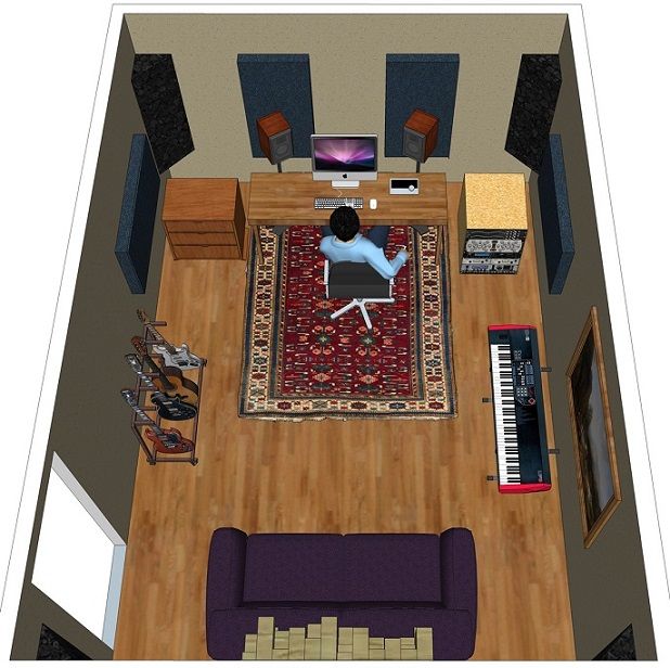 an aerial view of a living room with a couch, piano and computer on the table