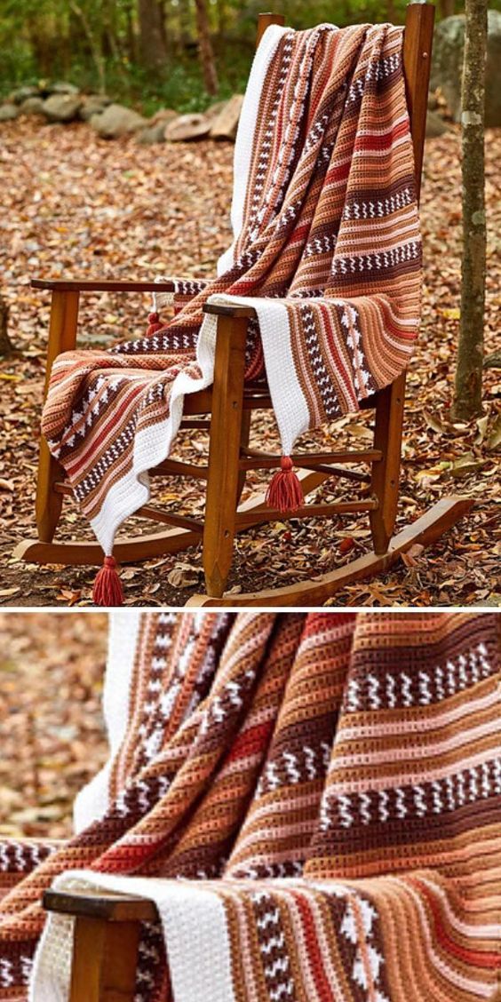 two pictures of a rocking chair covered with a blanket in the woods, one is empty