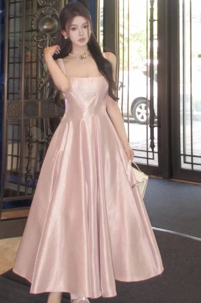 Satin Maxi Dress For Banquet During Prom Season, A-line Satin Bridesmaid Dress For Prom Season, Sleeveless Satin Evening Dress For Prom, Spring Satin A-line Dress For Banquets, Sleeveless Satin Dress For Prom Season, Sleeveless Satin Dress For Prom Season Gala, Sleeveless Satin Dress For Gala And Prom Season, Elegant Satin Finish Midi Dress For Prom, Elegant Satin Ball Gown For Prom